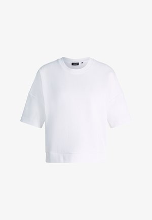 Felpa bianca corta a maniche corte con scollo rotondo e etichetta nera "JOOP!" all'interno del colletto.