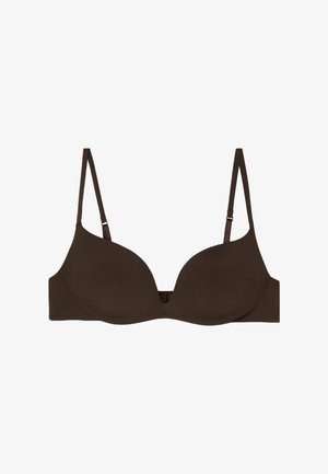 Bra in Braun mit gepolsterten Cups und verstellbaren Trägern, glatter Textur und einem Frontverschluss. Das Unterwäschestück verfügt über ein tief ausgeschnittenes Design für Vielseitigkeit.
