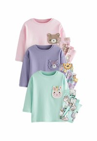 Fyra långärmade skjortor i rosa, lavendel och mintgröna, med djurapplikationer. Inkluderar mönstrade pyjamasbyxor med enhörningar och björnar.