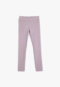 Leggings viola chiaro realizzati in tessuto elasticizzato con un ampio e morbido elastico in vita; texture liscia e design aderente, che si restringe alle caviglie.