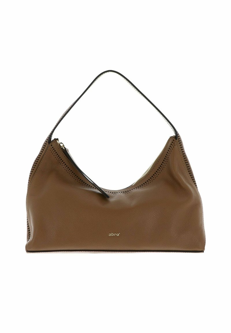 Sac à épaule en cuir marron avec une forme courbée, un design perforé et une seule sangle noire. Dispose d'une fermeture éclair et d'un logo à l'avant.