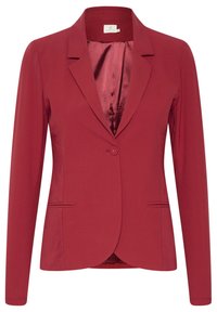 Blazer rouge avec une finition satinée, col à revers, fermeture à un bouton et deux poches avant. Coupe ajustée avec manches longues.