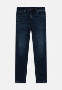 Ciemne dżinsy o wysublimowanym fasonie, z zapięciem na guzik, przednimi kieszeniami i delikatnym przetarciem na wysokości kolan.