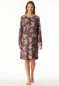 Long sleeve nightdress made of soft fabric, featuring a floral pattern in shades of pink and cream on a dark gray background.
