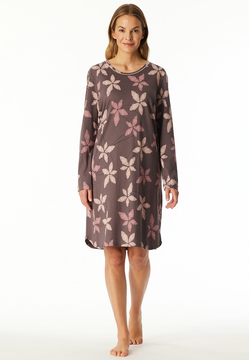 Long sleeve nightdress made of soft fabric, featuring a floral pattern in shades of pink and cream on a dark gray background.