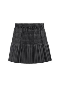 Gonna mini in pelle nera con vita arricciata, caratterizzata da pieghe verticali e orizzontali per una texture e una silhouette svasata.
