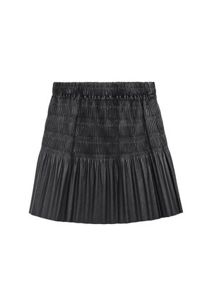Gonna mini in pelle nera con vita arricciata, caratterizzata da pieghe verticali e orizzontali per una texture e una silhouette svasata.