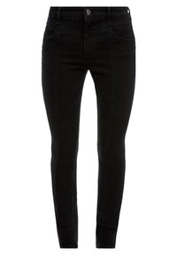 Jean skinny noir en denim, avec une taille haute, un design à cinq poches et des coutures subtiles le long des coutures extérieures.
