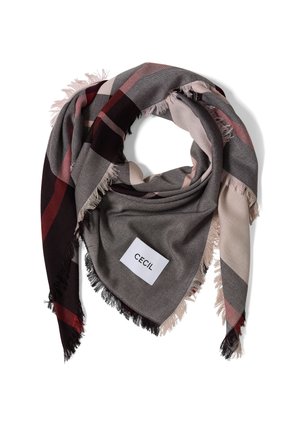 Zachte stoffen sjaal met franjes aan de randen in grijs, zwart, beige en rood ruitpatroon, opgevouwen met een wit label waarop "CECIL" zichtbaar is.
