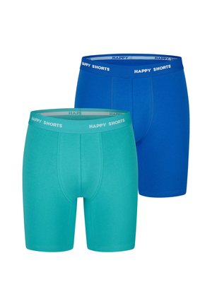 Zwei Paar Herren-Boxershorts, eine in Türkis und eine in Blau, beide mit elastischem Bund mit der Aufschrift "HAPPY SHORTS.".