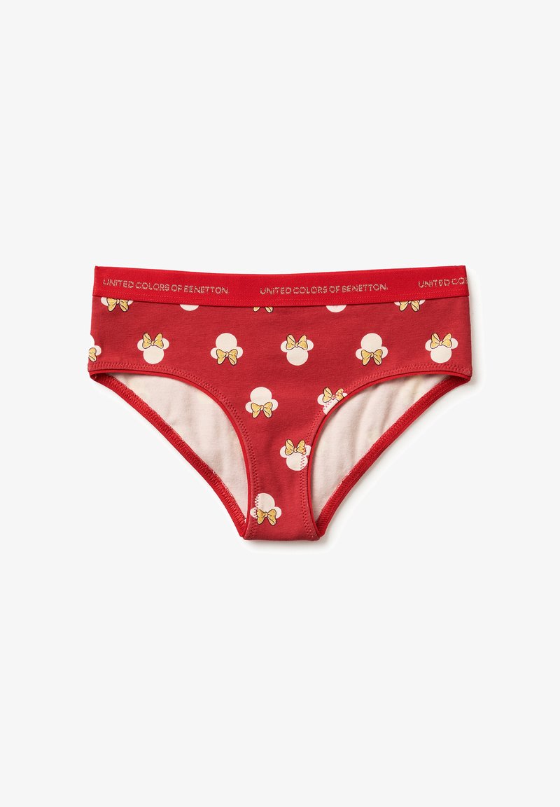 Červené dámské spodní prádlo s bílými květinovými motivy, žlutými mašličkami a červeným elastickým pasem s potiskem "United Colors of Benetton."