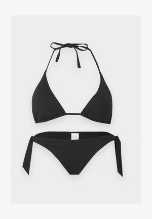 Black two-piece bikini with triangle top featuring neck tie and side-tie bikini bottoms, displayed flat on a white background.