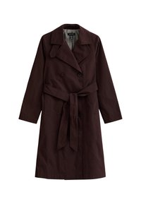 Cappotto marrone realizzato in un tessuto texturizzato. Presenta bottoni doppi, una cintura e un rivestimento interno a quadri.