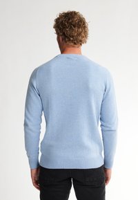 Maglione lavorato a maglia di colore azzurro chiaro con maniche lunghe e orlo a coste. La parte posteriore presenta un colletto rotondo e una texture morbida. Indossato con pantaloni neri.