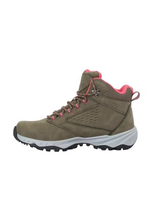 Brown hiking boot with pink accents, sturdy sole with deep treads, ankle support, and metal eyelets for laces.