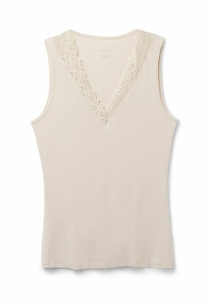 Beige tanktop med V-udskæring, der har delikat blomster-bølgevirkning langs udskæringen. Glat tekstur, ærmeløs design.