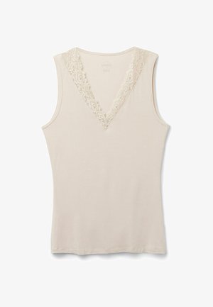 Beige tanktop med V-udskæring, der har delikat blomster-bølgevirkning langs udskæringen. Glat tekstur, ærmeløs design.