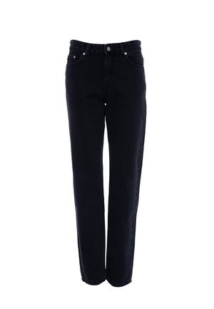 Svarta denimjeans med rak bendesign, femficksstil och knappstängning. Materialet är robust med en slät yta.