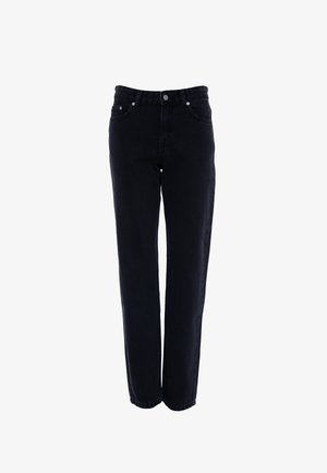 Schwarze Denim-Jeans mit geradem Bein, fünf Taschenstil und Knopfverschluss. Das Material ist robust und hat eine glatte Textur.