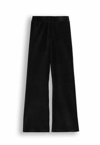 Czarne spodnie z szerokimi nogawkami z korduroju o teksturowym wykończeniu, elastycznym pasie i prostym obszyciu. Posiadają pionowy prążkowany wzór na całej powierzchni.