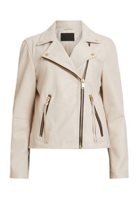 Giacca da moto in pelle beige con zip asimmetriche, accessori in oro e tasche con zip. Texture liscia con un design aderente.