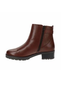 Stivaletto in pelle marrone con finitura liscia, zip laterale e tacco basso a blocco. Presenta una suola in gomma robusta per la trazione.