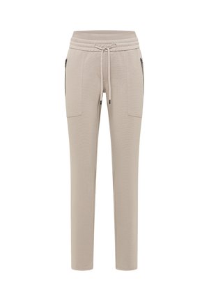 Beiget väriset collegehousut, joissa on joustava vyötärönauha ja kiristysnyöri. Housuissa on kaksi sivulla olevaa vetoketjutaskua ja kapeneva lahjemalli. Pehmeä materiaali.