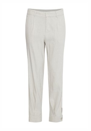 Svetlobéžové nohavice s priamymi nohavicami, opaskovými slučkami, predným zapínaním a manžetami s gombíkmi na spodnej strane.