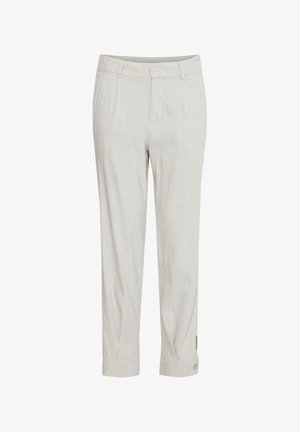 Heledast beežid sirgjoonelised püksid vööaugudega, esikinnis ja alläärte mansettidega, millel on alumisel küljel nupukestega detailid.