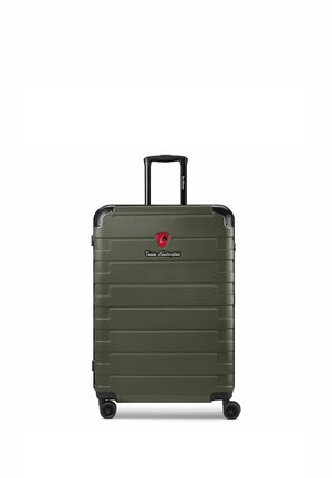 Donkergroene harde koffer met vier wielen en een zwart uitschuifbaar handvat, met een rood-zwart Tonino Lamborghini-logo.