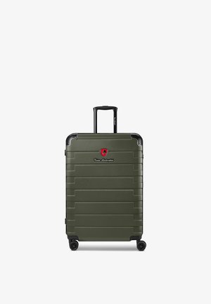 Donkergroene harde koffer met vier wielen en een zwart uitschuifbaar handvat, met een rood-zwart Tonino Lamborghini-logo.