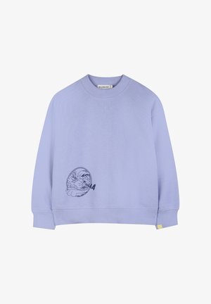 Lichtpaarse sweatshirt met een ronde grafische afbeelding in donkerblauw, met oceaangolven en een personage. Geribbelde hals en boorden.