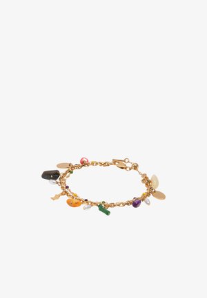 Kuldse kett-randmepael mitmevärviliste kivide ja pärlidega ripatsitega, sealhulgas mustad, oranžid, rohelised, lillad ja beežid helmed, kinnitusklambri sulgemine.