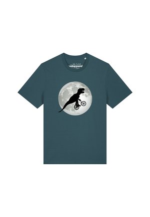 Dunkelgrünes T-Shirt mit Grafik eines schwarzen T-Rex, der vor einem Vollmond Fahrrad fährt.
