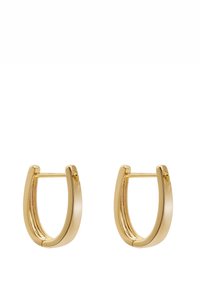 Orecchini a cerchio dorati, design a forma di U, finitura liscia, leggeri, con chiusura a perno sicura. Estetica minimalista e moderna.