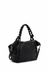Czarna skórzana torebka z plecionym uchwytem, miękką fakturą i odpinanym paskiem na ramię. Posiada zamek błyskawiczny i zaokrąglony kształt.