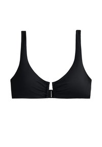 Top da bikini nero con spalline larghe, scollatura a V, dettagli arricciati al centro e chiusura con gancio. Texture liscia.