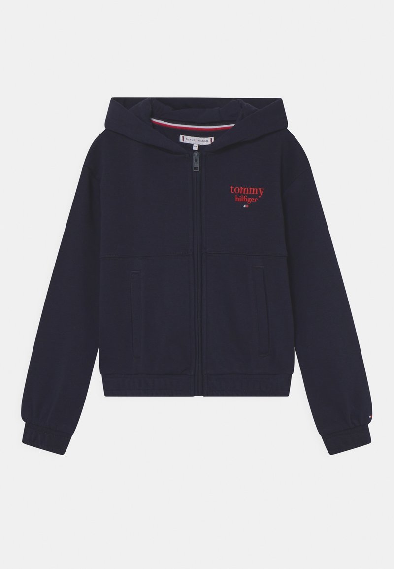 Hoodie zippé bleu marine en tissu mélangé de coton, avec un logo devant en rouge, des poignets élastiqués et deux poches avant.