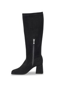 Botas altas de ante negro con punta cuadrada, tacón bloque y detalle de cremallera plateada en el lado exterior. Textura suave con una silueta ajustada.