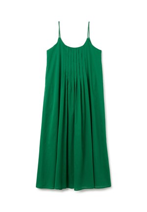 Abito verde senza maniche con pieghe sul corpino, vestibilità ampia e gonna fluida. Realizzato in tessuto leggero con una texture liscia.