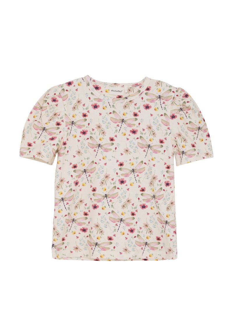 Hvid kortærmet skjorte med et blomstermønster, der har guldsmede i pink, gul og blå farver. Rund hals og blødt bomuldsstof.