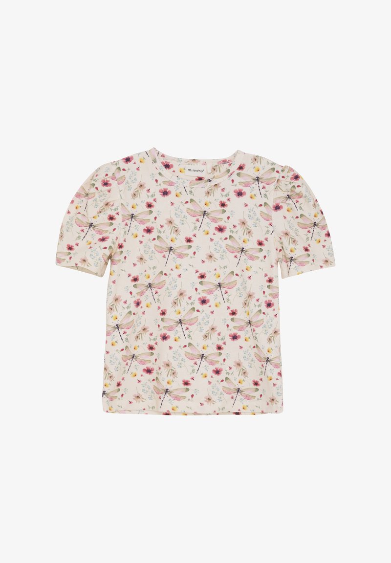 Hvid kortærmet skjorte med et blomstermønster, der har guldsmede i pink, gul og blå farver. Rund hals og blødt bomuldsstof.