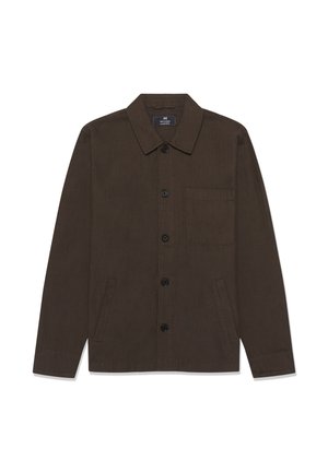 Temno rjava srajčna jakna s ovratnikom, prsni žep na levi strani in dvema stranskima žepoma, velikost srednja.