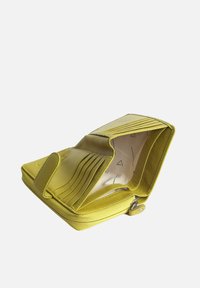 Yellow leather wallet with a zip closure and multiple card slots. Interior features a light fabric lining with geometric patterns.