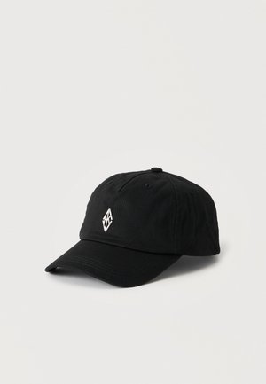 Black baseball cap with curved brim and diamond-shaped white logo on front, displayed against plain light background.