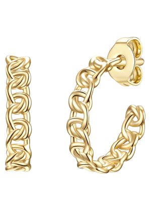 Boucles d'oreilles créoles dorées avec un design en chaîne reliée. Texture lisse avec une fermeture à clapet. Mesure environ 5 cm de diamètre.