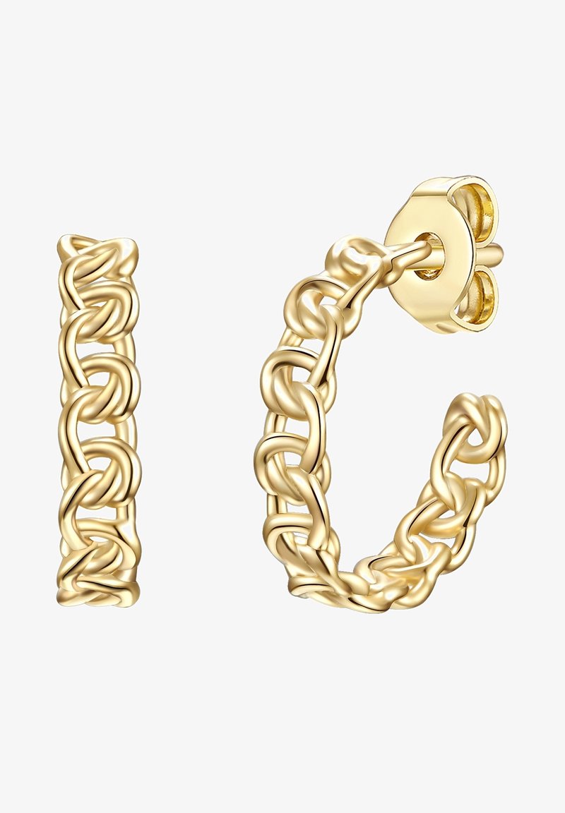 Aranyszínű karika fülbevalók lánc szerkezetű dizájnnal. Simás tapintás, kapcsos záródás. Körülbelül 5 cm átmérőjű.