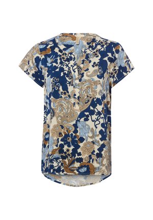 Kurzärmlige Bluse mit blauem, beige- und braunem Blumen- und Paisleymuster, rundem Ausschnitt mit V-Schlitz und rundem Saum.