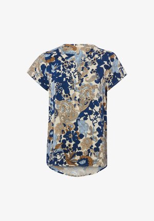 Korte mouwen blouse met blauw, beige en bruin bloemen- en paisleypatroon, ronde hals met V-split en afgeronde zoom.
