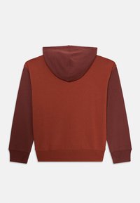 Sweatshirt à capuche à manches longues en deux teintes de marron rougeâtre, présenté de dos sur fond blanc.